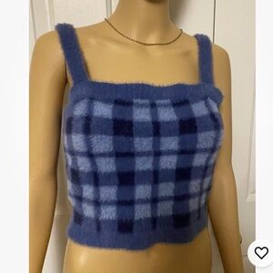 Kendall And Kylie Soft Blue Plaid Cropped Tank Sweater Women’s size M